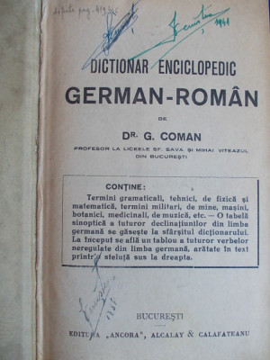 G.COMAN ~ DICTIONAR ENCICLOPEDIC GERMAN - ROMAN : TEHNIC , MILITAR , ETC. - 1925 foto