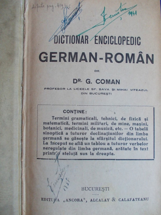 G.COMAN ~ DICTIONAR ENCICLOPEDIC GERMAN - ROMAN : TEHNIC , MILITAR , ETC. - 1925