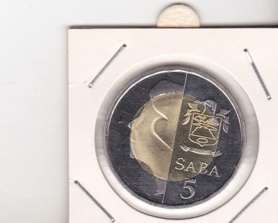 bnk mnd Insula Saba 5 dollars 2012 unc , fauna marina, bimetal foto