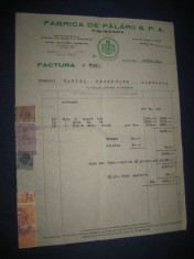 Act vechi- 1940 , factura- Fabrica de Palarii SPA- Timisoara. Marimi: 28_22cm, stare buna. foto