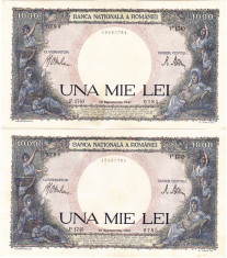 Lot 2 bancnote SERII CONTINUE 1000 lei 10 septembrie 1941,XF/a.UNC foto