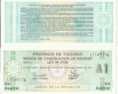 BANCNOTA ARGENTINA (PROVINCIA TUCUMAN) 1 AUSTRAL 1991 NECIRCULATA foto