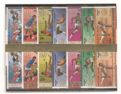TSS74 BURUNDI, JOCURILE OLIMPICE MONTREAL, 1976, SERIE COMPLETA, 14 VALORI, STAMPILAT, SPORT, OLIMPIADA; INALTIME, PRAJINA, FOTBAL, INELE, BASCHET, SA foto