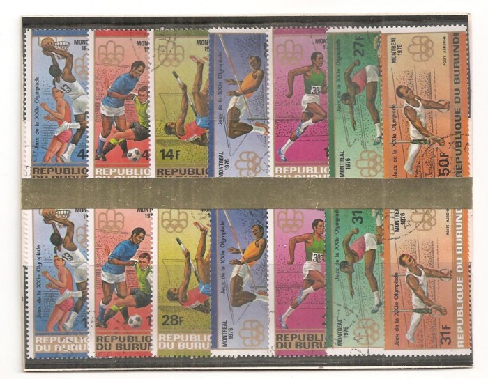 TSS74 BURUNDI, JOCURILE OLIMPICE MONTREAL, 1976, SERIE COMPLETA, 14 VALORI, STAMPILAT, SPORT, OLIMPIADA; INALTIME, PRAJINA, FOTBAL, INELE, BASCHET, SA