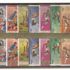 TSS 74 BURUNDI, SPORT, JOCURILE OLIMPICE MONTREAL1976, SERIE COMPLETA, 14 VALORI, STAMPILATA; BASCHET, FOTBAL, INELE, INALTIME, PRAJINA, GARDURI, SA