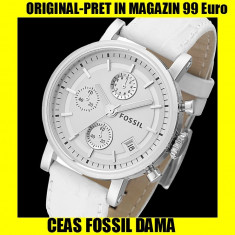 CEAS FOSSIL ES2202 CU GARANTIE, DAMA, ALB CRONOGRAF, OTEL INOX, BRATARA PIELE,WR 50m, NOU PE STOC IN CUTIE METAL CADOU, ORIGINAL,FIRMA, COMANDA ONLINE foto