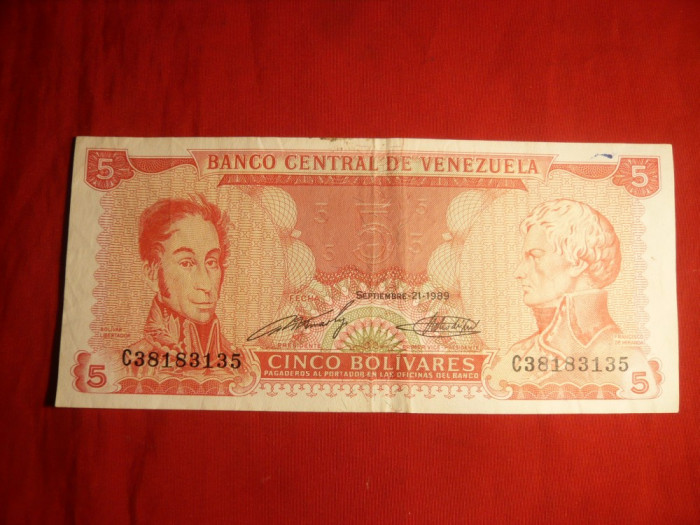 Bancnota 5 Bolivari 1989 Venezuela , cal.Buna