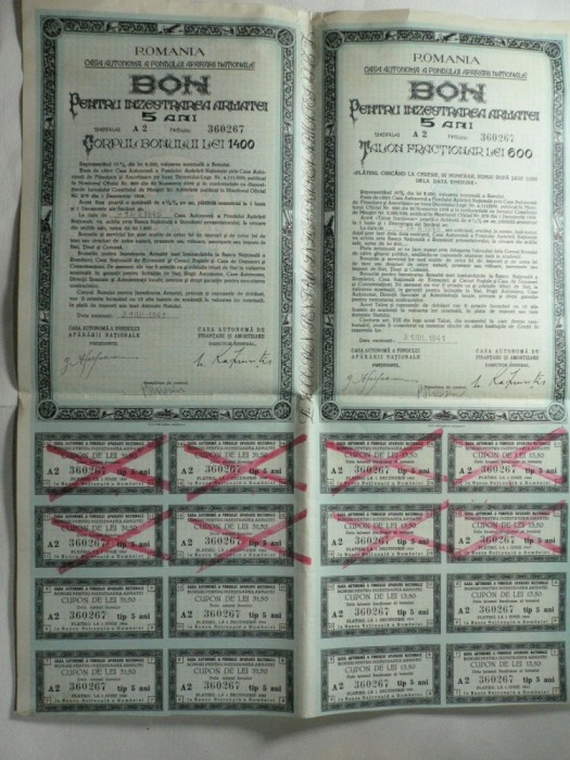BON PENTRU INZESTRAREA ARMATEI - LEI 1400 - TALON LEI 600 - AN 1941