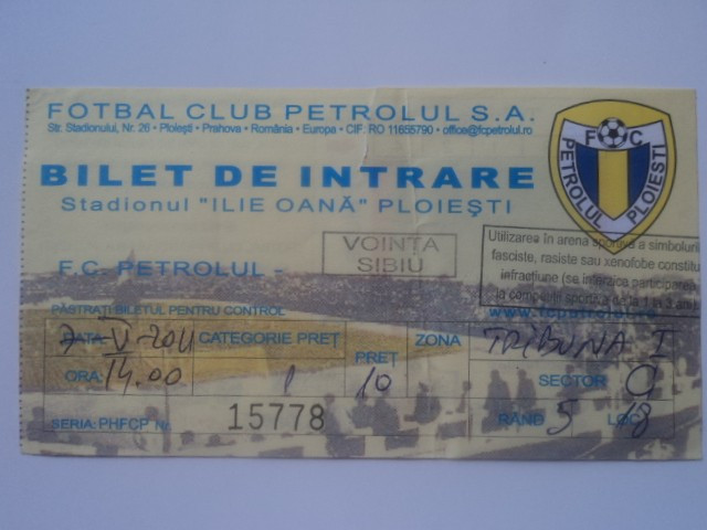 Bilet meci fotbal PETROLUL Ploiesti - VOINTA Sibiu 07.05.2011