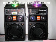 BOXE PROFESIONALE ACTIVE/AMPLIFICATE CU MIXER INCLUS,EFECTE VOCE,INT.MICROFOANE+SISTEM LUMINI DISCO INCLUS+MICROFON BONUS! foto