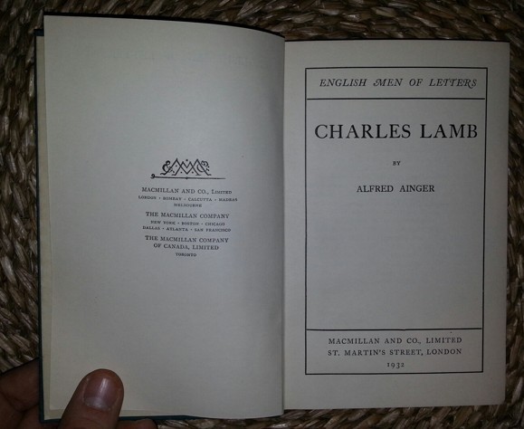 Alfred Ainger CHARLES LAMB Ed. Macmillan 1932 cartonata