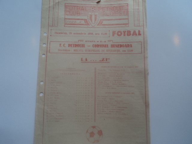 Program meci fotbal PETROLUL Ploiesti - CORVINUL Hunedoara 29.10.1989