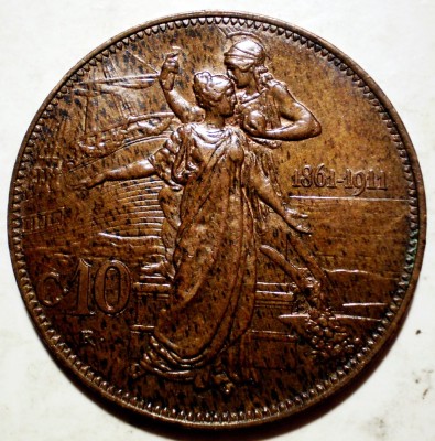 C.307 ITALIA VITTORIO EMANUELE III 50 ANI ANIVERSARE REGAT 10 CENTESIMI 1911 XF foto