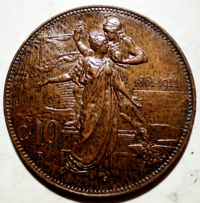 C.307 ITALIA VITTORIO EMANUELE III 50 ANI ANIVERSARE REGAT 10 CENTESIMI 1911 XF