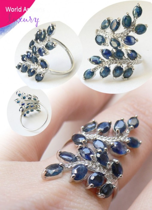 Natural Blue African Sapphire Fern Leaf Sterling Ring - Inel SAFIR ALABASTRU NATURAL African, Argint 925 foto mare Natural Blue African Sapphire Fern Leaf Sterling Ring - Inel SAFIR ALABASTRU NATURAL African, Argint 925 foto mare