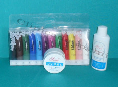 Set 12 Culori acrilice acuarelea 12ml+degresant Sina 60ml +gel uv Sina clear,pink,white pentru unghii false,set pictura,set constructie foto