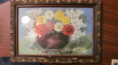 PVM - Tablou frumos, vechi, &amp;quot;Vas cu Flori &amp;quot;, ulei pe carton, 53 cm x 35 cm foto