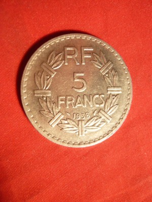 Moneda 5 Fr.1938 Franta ,cal.apr.NC ,metal alb ,luciu batere foto