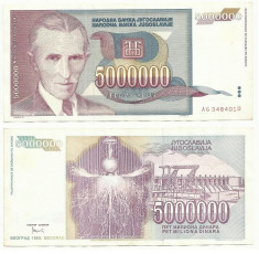 YUGOSLAVIA 5.000.000 Dinari 1993 !!! foto