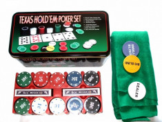 Set poker complet in cutie metalica PCS (Texas Hold &amp;#039; Em) 200 jetoane cu inscriptie euro + doua pachete de carti.TRIMIT IN TOATA TARA CU POSTA ROMANA foto