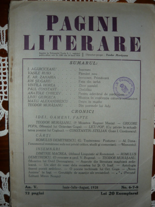 Pagini literare - An. V, No. 6-7-8 ( 1938 )