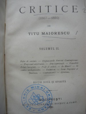 Titu Maiorescu - Critice - Vol. II - 1892 foto