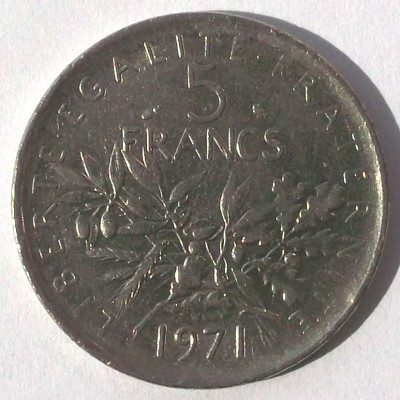 G1. FRANTA 5 FRANCS FRANCI 1971 10 g., Nickel Clad Copper-Nickel, 29 mm ** foto