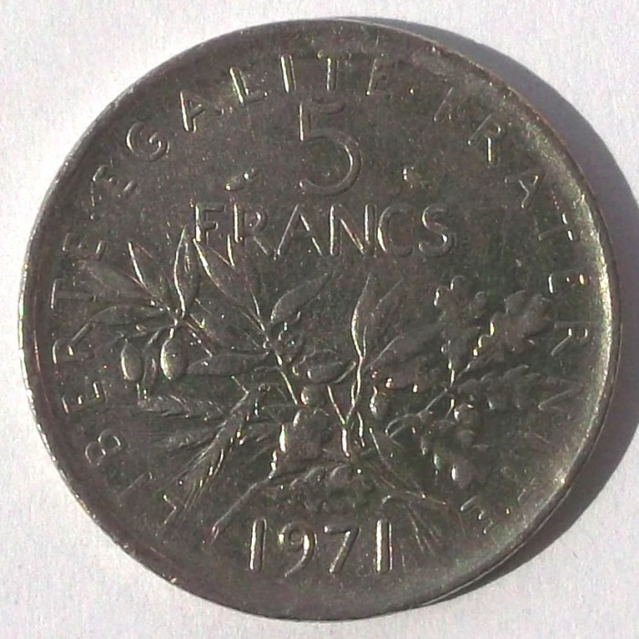 G1. FRANTA 5 FRANCS FRANCI 1971 10 g., Nickel Clad Copper-Nickel, 29 mm **