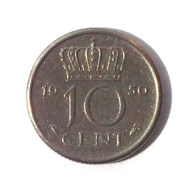 G1. OLANDA 10 CENTS CENTI 1950, 1.5 g., Nickel, 15 mm, Juliana ** foto