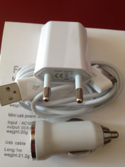 Incarcator iPhone iPod iPad Adaptor priza + Cablu USB date/incarcare + Incarcator auto Apple 2 3 4 foto
