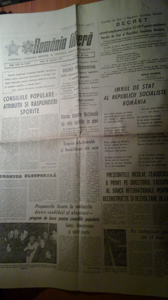 eftertænksom Andet del Ziarul romania libera 18 noiembrie 1977- imnul -trei culori cunosc pe lume  | Okazii.ro