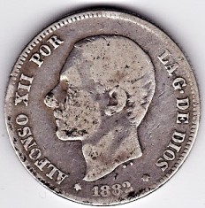 2.Spania 2 PESETAS 1882 argint 10 gr. 0.835,Alfonso XII, COTATIE RIDICATA foto