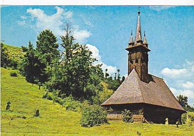 Tara Lapusului, biserica lemn, vedere carte postala circulata 1976 foto