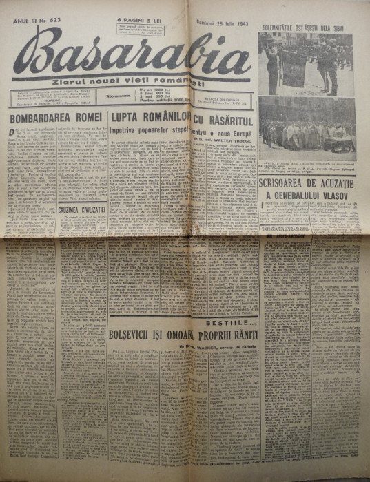 Ziarul Basarabia , Duminica , 25 Iulie , 1943 , Frontul de Rasarit , Chisinau , Generalul Vlasov