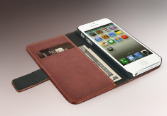 Husa / toc protectie piele fina iPhone 5, 5s lux, tip flip cover portofel, culoare - maro coniac - LIVRARE GRATUITA prin Posta la plata cu cardul foto