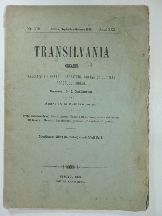 REVISTA TRANSILVANIA - SIBIU - NR VIII ANUL 1899 - DIRECTOR DR. C. DIACONOVICH
