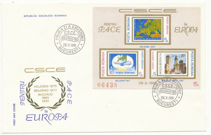 1981 ROMANIA plic FDC cu colita nedantelata Pace CSCE in stare foarte buna