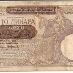Serbia (yugoslavia supratipar) 100 dinar 1941, circulata, stare foarte buna, 20 roni