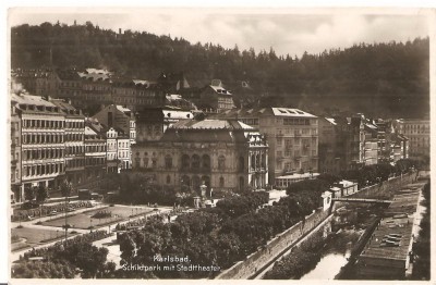 CPI (B2602) KARLSBAD, SCHILDPARK MIT STADTTHEATER, EDITURA L. W. K. NACHDRUCK VERBOTEN, CIRCULATA 1929, STAMPILE, TIMBRU foto