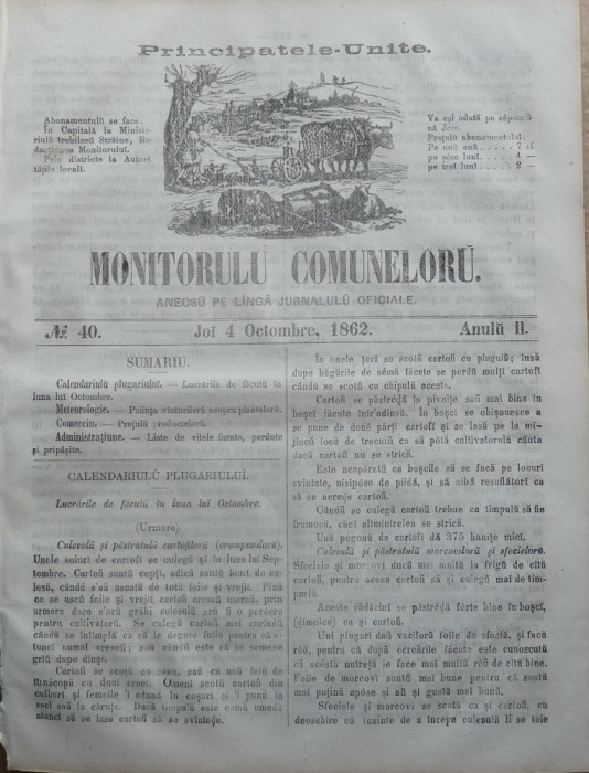 Principatele Unite , Monitorul comunelor , nr . 40 , Joi 4 Octombrie , 1862