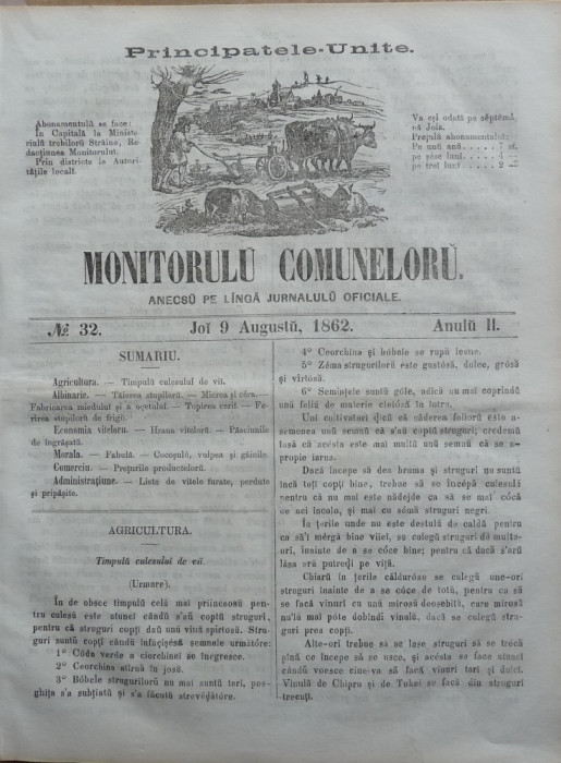Principatele Unite , Monitorul comunelor , nr . 32 , Joi 9 August , 1862