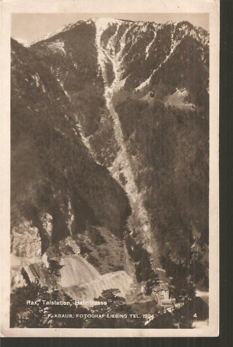 CPI (B2681) AUSTRIA. RAX, TALSTATION, BAHNTRASSE, KRAUS FOTOGRAF LIESING, CIRCULATA 1920, STAMPILE, TIMBRU, STAMPILA SPECIALA