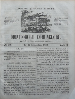 Principatele Unite , Monitorul comunelor , nr . 39 , Joi 27 Septembrie , 1862 foto
