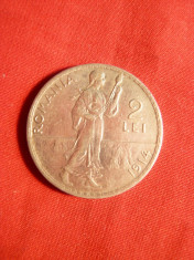 Moneda 2 Lei 1914 Carol I ,argint muchie dr. ,cal.apr.NC foto