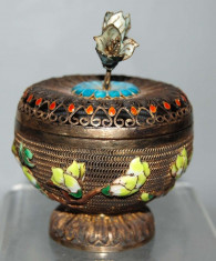 Antique Gilt Chinese Export Silver Filigree &amp;amp;amp;amp; Enamel Covered Jar w Floral Motif foto