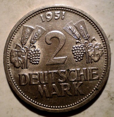 E.277 GERMANIA RFG 2 DEUTSCHE MARK 1951 G XF RARA foto