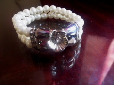 bratara elastica dubla din perle cu floare metalica, strasuri foto