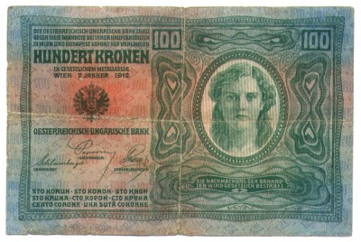 AUSTRIA BANCNOTA 100 COROANE KRONEN 2 IANUARIE 1912 TIPARITA IN GERMANA BUNA foto