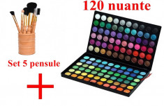 Trusa machiaj profesionala 120 culori nr.1 trusa farduri neutre mate sidefate makeup , make-up + 5 pensule machiaj + pahar pentru pensule foto