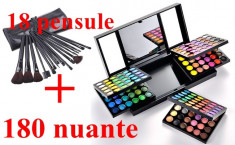 Trusa machiaj profesionala 180 culori sertar trusa farduri neutre mate sidefate trusa make-up makeup + Set 18 pensule machiaj + borseta foto